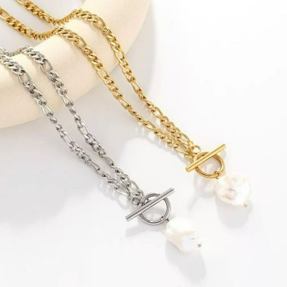 NEW Silver Plated Chain Link Baroque Freshwater Pearl Pendant Necklace 17.5in - Picture 5 of 7